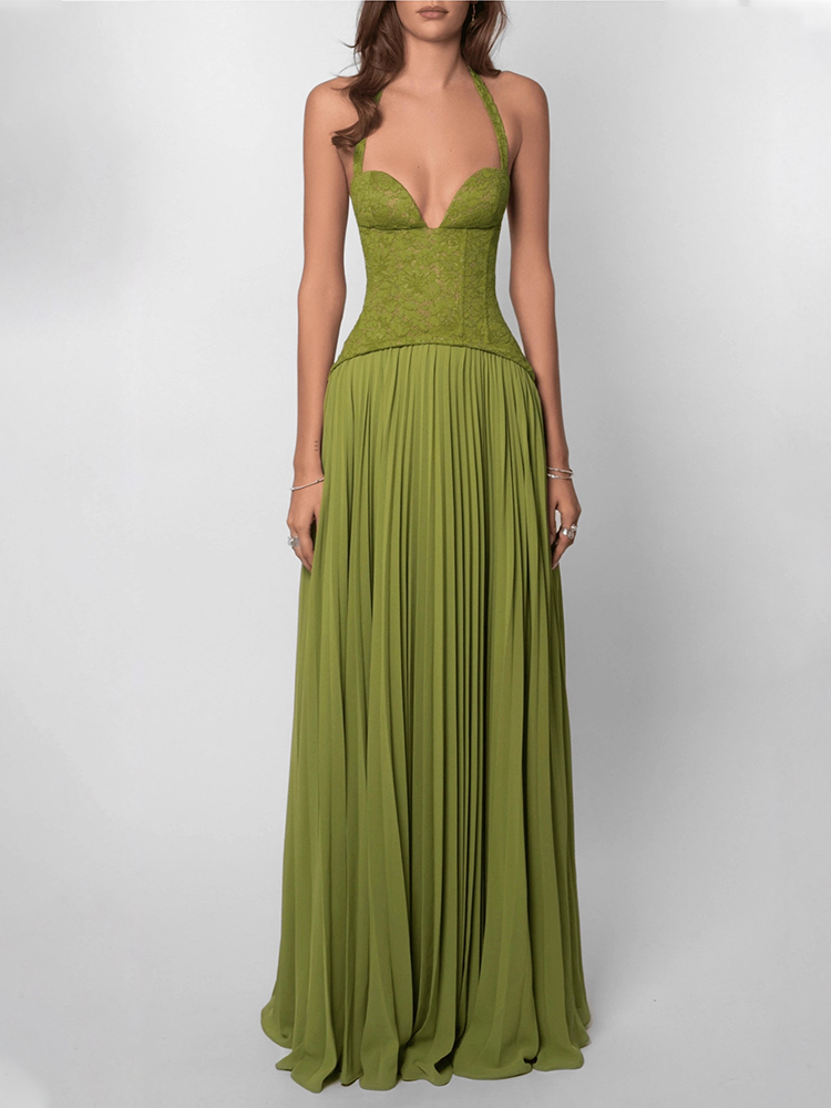 Robe longue rouge sexy à col halter et corset, col en V, dos nu, à lacets, plissée, élégante, pour femme, idéale pour les mariages, les soirées et les fêtes.