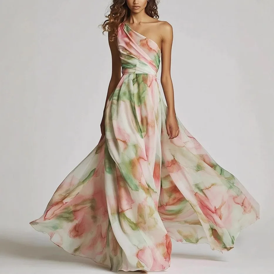 Robe élégante pour femmes, asymétrique épaule dénudée, teinture par nouage, robe de soirée, mode, sans manches, imprimée, taille haute, grand ourlet, jupe Maxi