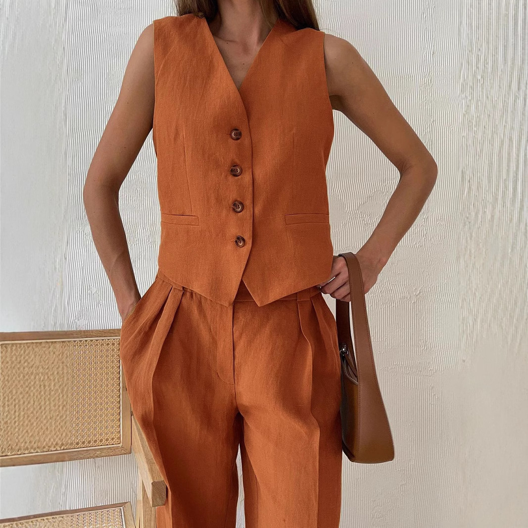 2025 nouvelles femmes lin coton Chic gilet et pantalon costume deux pièces ensemble bureau dames été Chic 2 pièces ensembles femmes tenues