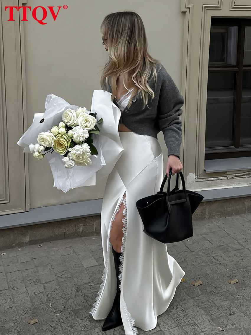TTQV – jupe longue en Satin blanc pour femmes, ample, Sexy, taille haute, élégante, classique, fendue, vêtements féminins, 2026