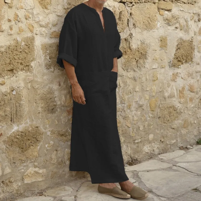 Nouveaux hommes Jubba Thobe caftan musulman arabe islamique col en v à manches courtes solide coton lin Robes mode musulmane arabie homme abaya