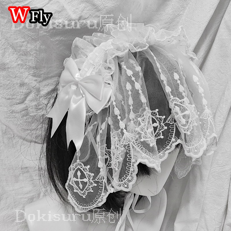Serre-tête pour femmes style voile Harajuku Steampunk Y2K, à volants, en dentelle florale avec nœud, accessoire de coiffure gothique Lolita.