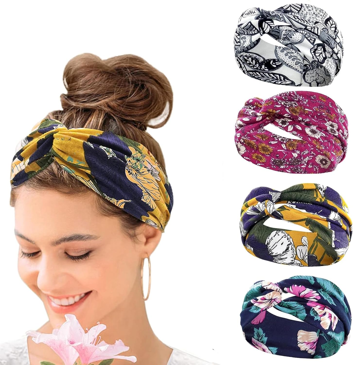4 pièces Boho bandeaux pour femmes élastique doux bandeau Turban coton bandeaux pour femmes et filles tous les jours Yoga Sport Fitness