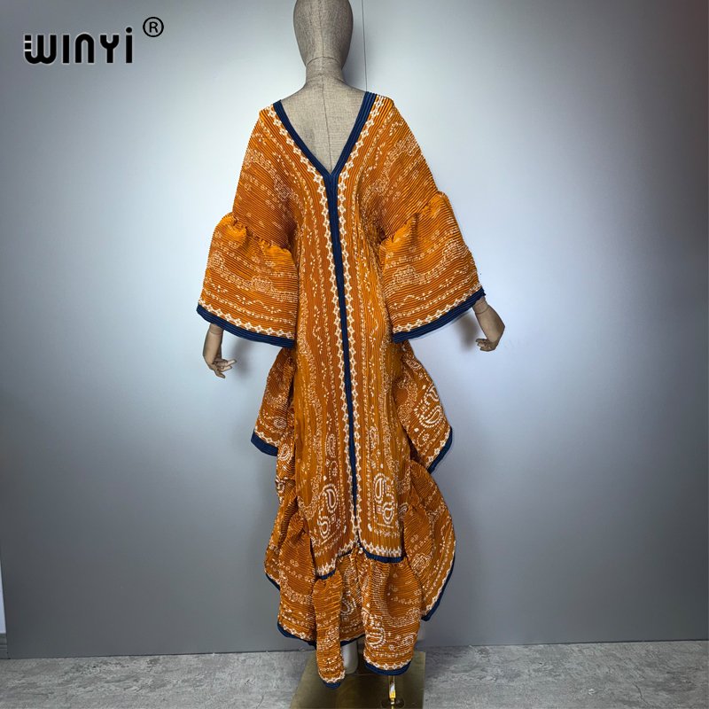 WINYI Robe plissée élastique et ajustée de style bohème pour femmes musulmanes, Kaftan Abaya, tenue de plage, longue robe de soirée de luxe de Dubaï
