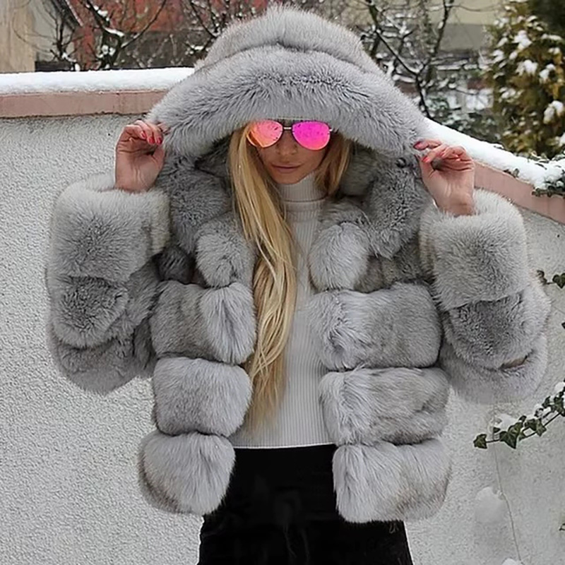 Manteaux de fourrure épissés à capuche pour femmes, mode décontractée, couleur unie, manches longues, poches chaudes, manteaux polyvalents à simple boutonnage, 2025