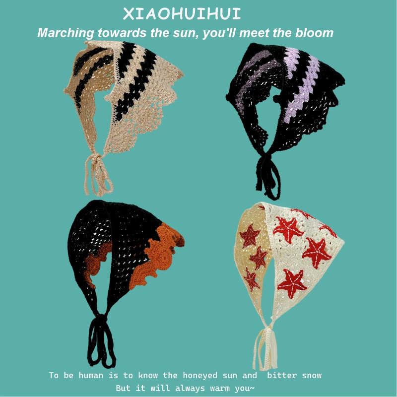 Foulard triangulaire en crochet à motifs colorés style gothique rétro pour femme, idéal pour l'été, les voyages et les photos, polyvalent, style littéraire, bonnets.