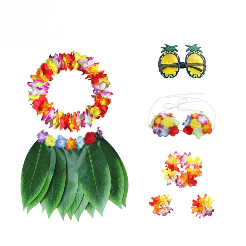 Luau – tenues hawaïennes à fleurs, feuilles d'herbe, jupe Hula, ensemble de lunettes de soleil, guirlande pour Costumes de Cosplay de fête tropicale