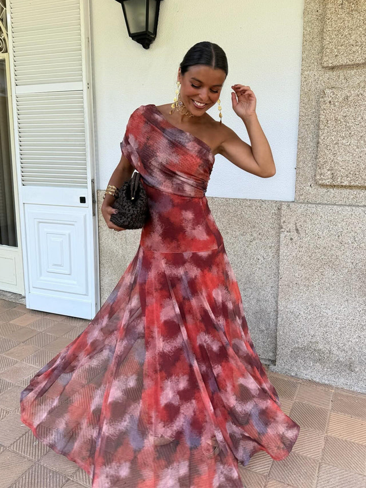 Robe longue vintage à imprimé asymétrique pour femme, sans manches, en maille plissée et mousseline, élégante pour mariage, soirée ou événement, 2026