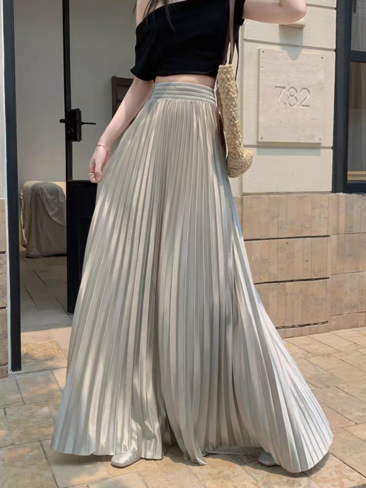 Jupe longue plissée en satin pour femmes grandes : jupe d'été évasée trapèze taille haute, coupe ajustée