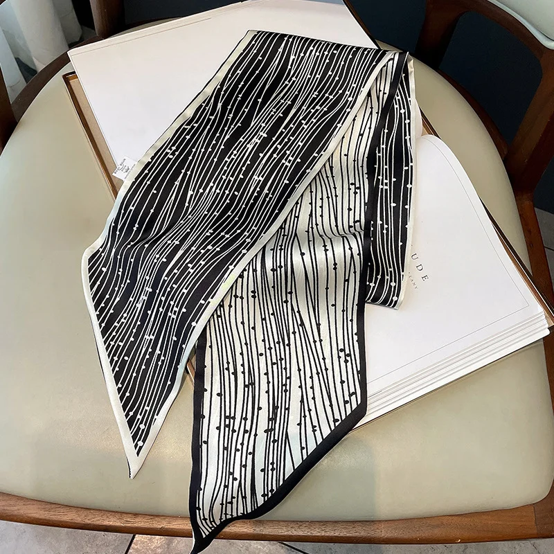 Printemps/été luxe longue foulard en soie femme imprimer mince foulard étroit sac bandeau de cheveux ruban écharpes femmes Imitation soie foulard