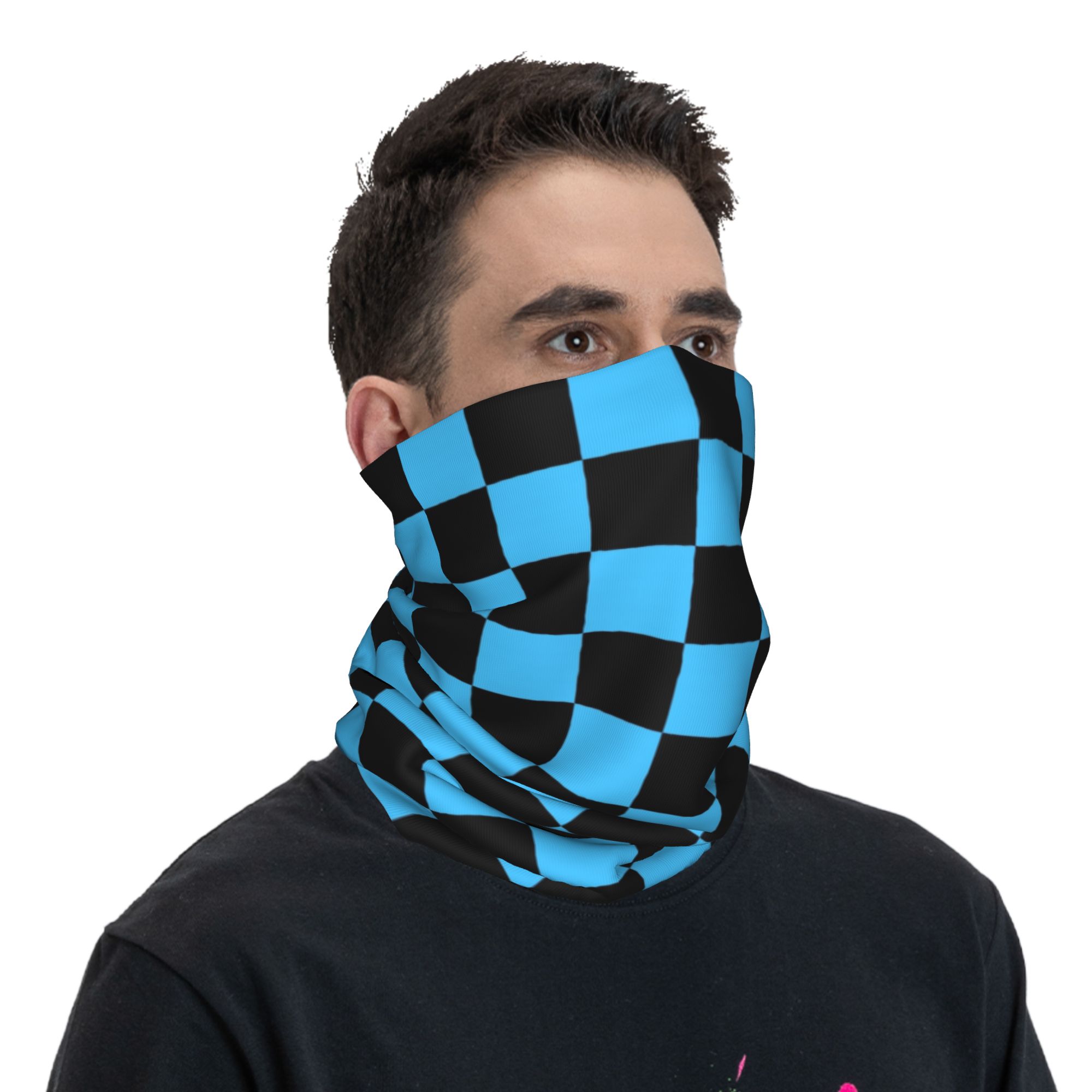 Cache-cou bandana personnalisé noir et bleu à motif damier pour le ski, la chasse, femme et homme, écharpe enveloppante, cagoule chaude à carreaux écossais