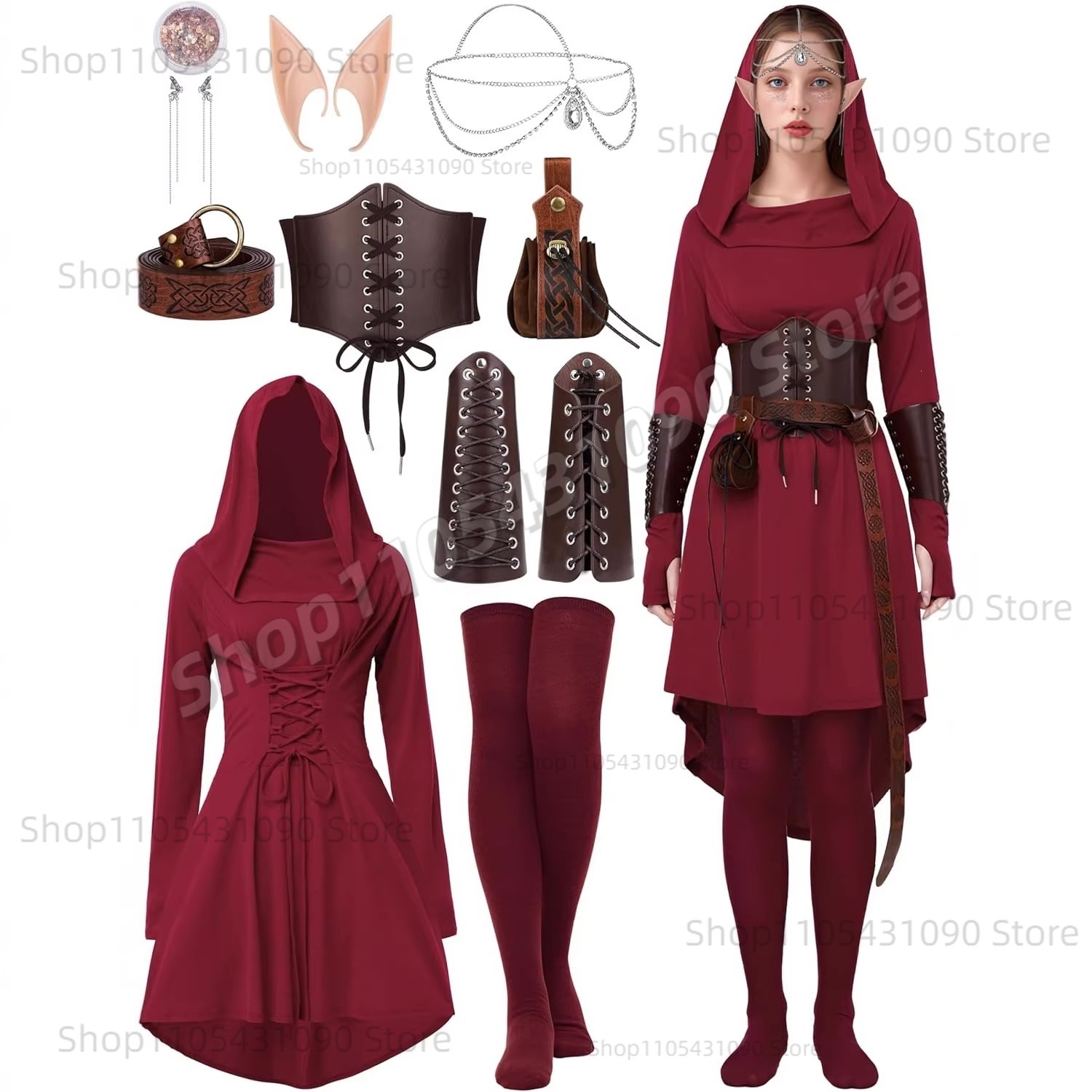 Tenue d'elfe forestier vintage, robe médiévale à capuche irrégulière avec ceinture, protège-bras, accessoires d'elfe, costume de cosplay