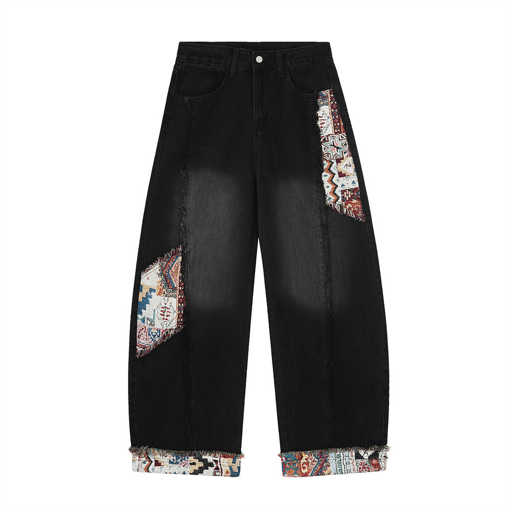 Jean homme lambrissé Patchwork épissé Vintage ample blanchi lavé pleine longueur lourd haute qualité Denim pantalon Streetwear