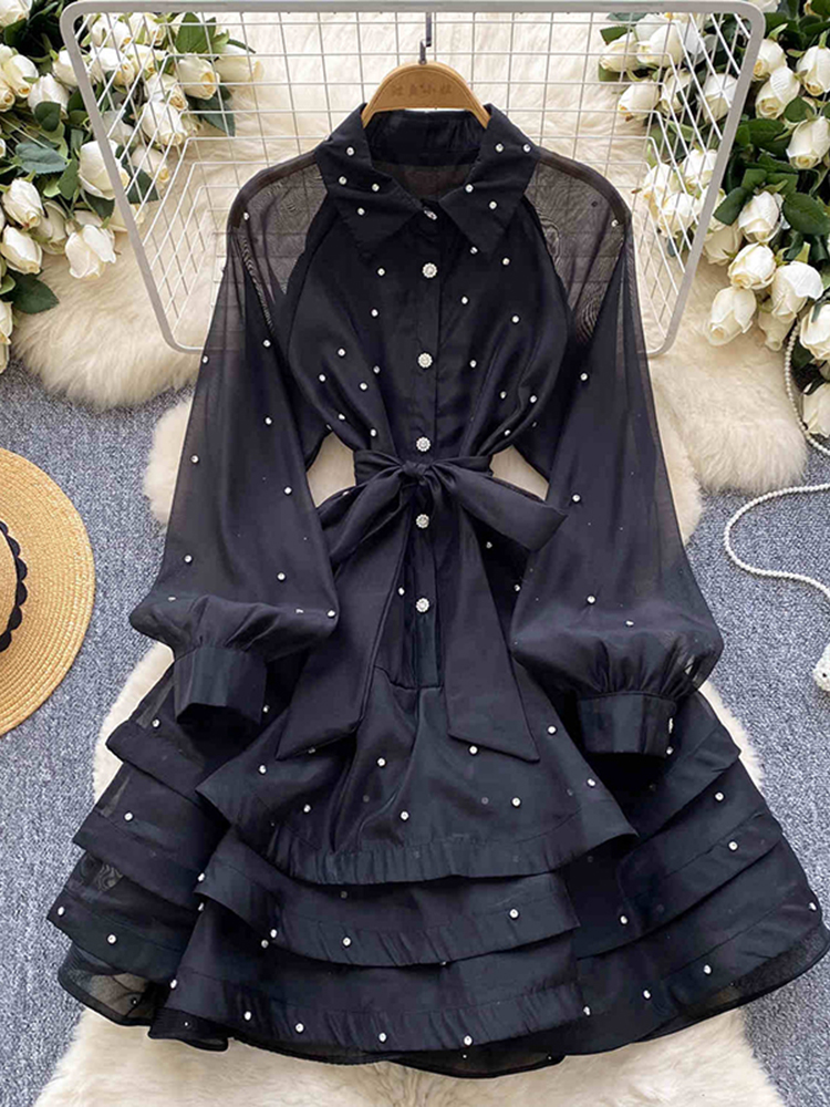Robe française à volants cloutée en diamant pour femmes, avec bretelles, manches longues, cintrée, robe de soirée moelleuse, printemps-automne, C200