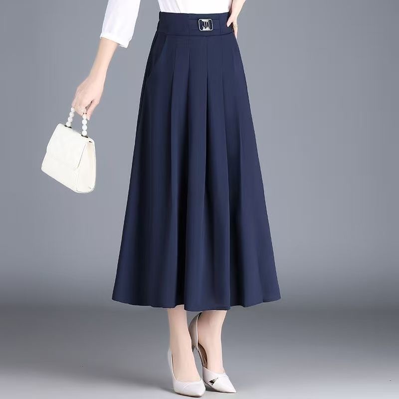 New Skirt Mid-length A-line Pleated Fashionable and Elegant Solid Color Versatile Casual High-waisted Large Hem Skirt