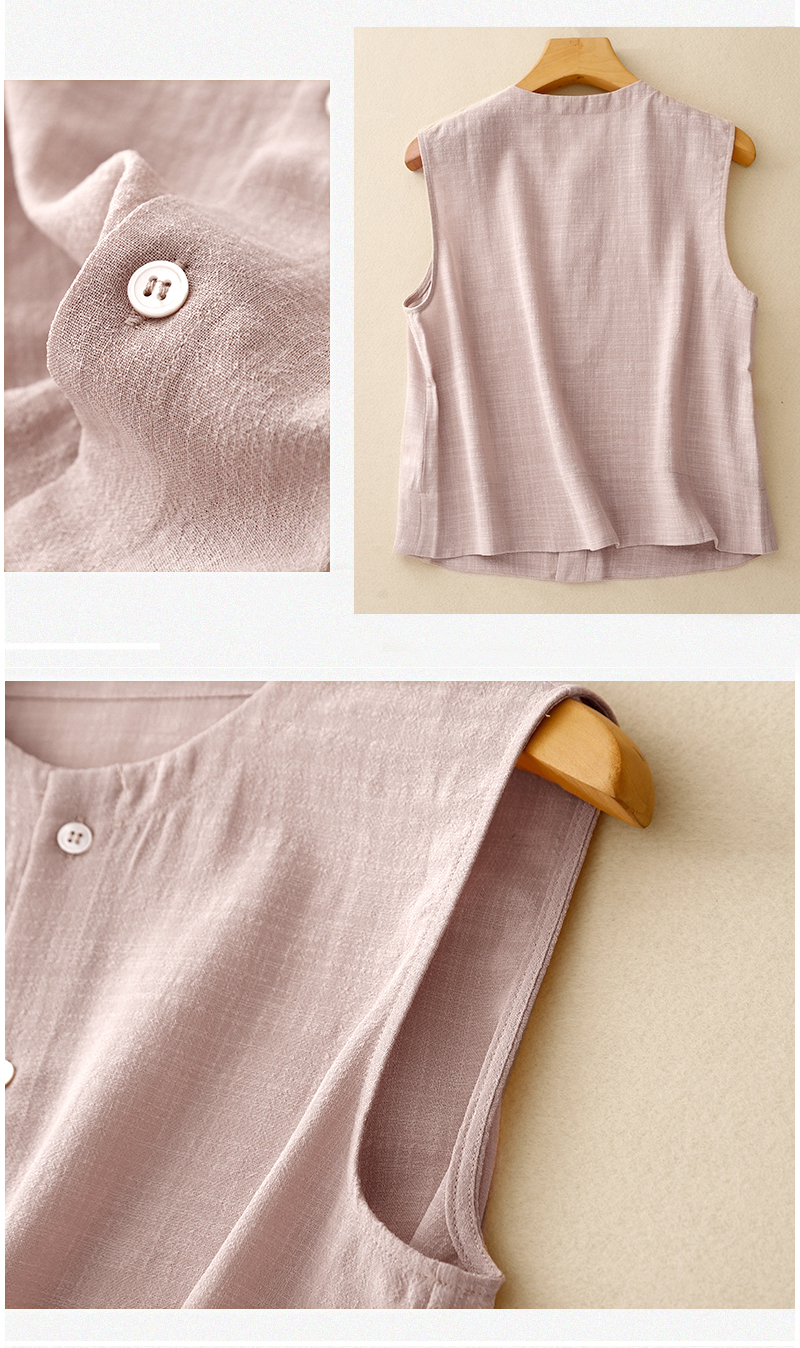 Gilet en coton et lin pour femmes, Style coréen, rose doux, kaki, veste d'été fine sans manches, col rond, boutons, chemises de couverture, Cardigan