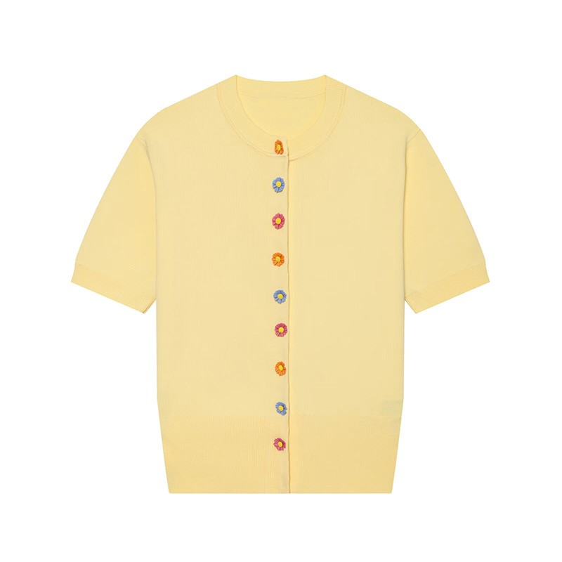 Cardigan Femme à Boutons Floraux Nouvelle Collection Été 2026 – Pull Décontracté Col Rond Tricoté Manches Courtes avec Bordures Côtelées – Hauts Simples pour Femme
