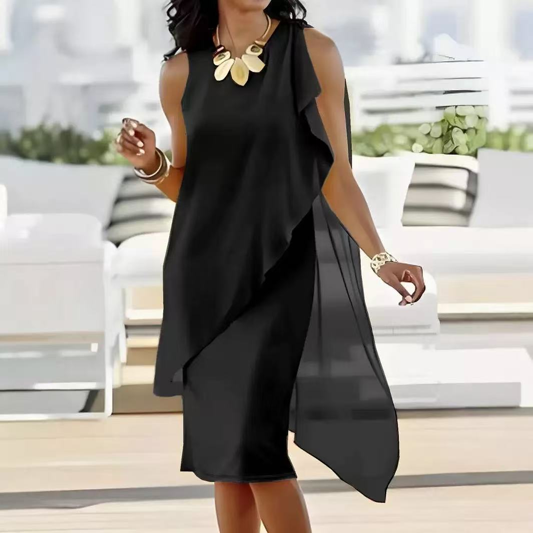 Robes pour femmes 2026 – Nouvelle collection été : Robe élégante en mousseline asymétrique sans manches, col rond, longueur genou – Vêtements féminins