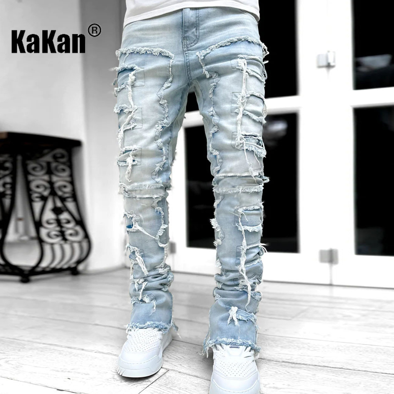 Kakan - Nouveaux jeans à patch extensible Streetwise lourds européens et américains pour hommes, jeans longs coupe droite High Street16-3001