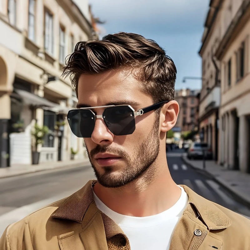 Lunettes de soleil métalliques pour hommes, monture carrée demi-cerclée, décontractées, tendance, style rétro, pour sports de plein air