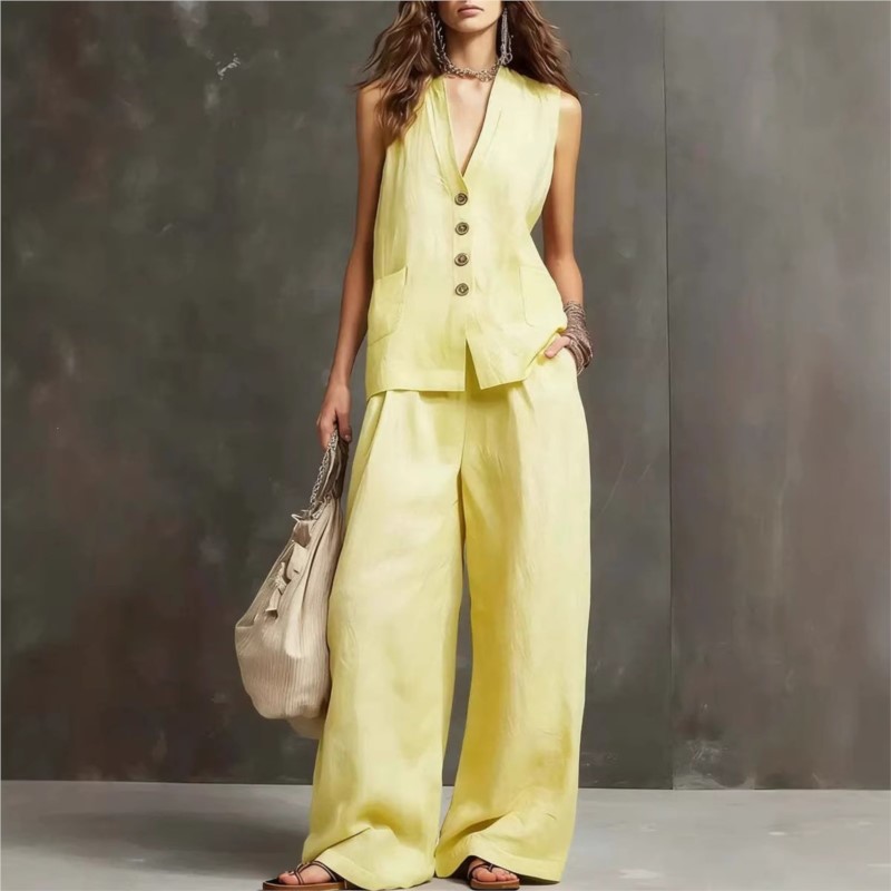 Ensemble deux pièces décontracté en lin et coton pour femme, style mode, avec haut gilet à col en V et pantalon large, idéal pour l'été