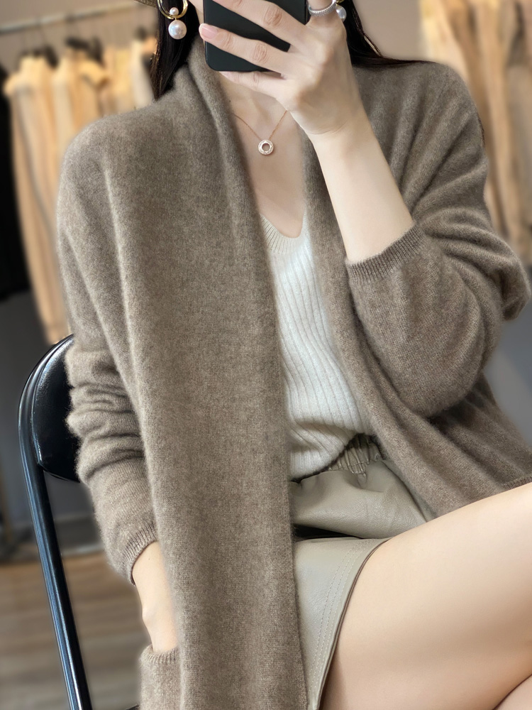 Cardigan en laine mérinos marron pour femme, collection automne-hiver 2026, tricoté, à manches longues, ample, chaud, style coréen, pour Noël