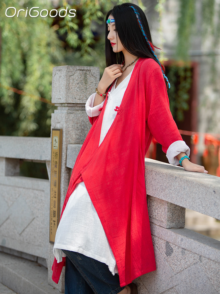 OriGoods femme longue Kimono chemise Style chinois coton chemises élégantes en vrac Zen japon Mori fille femme 2025 été nouveaux hauts B051