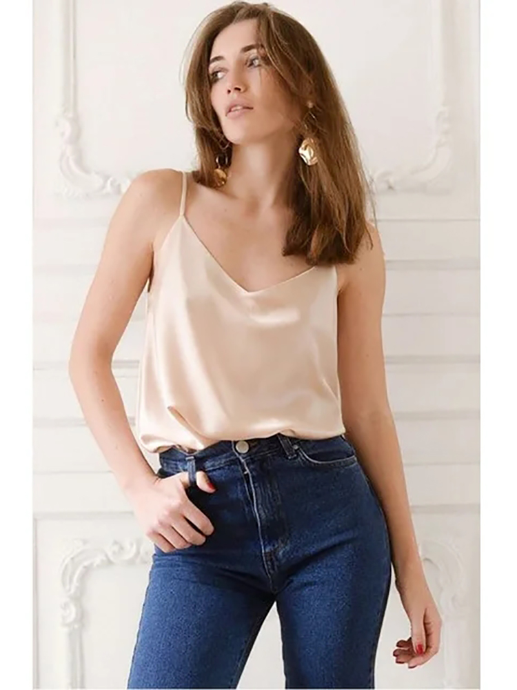 Débardeur en satin de soie sans manches 2026, haut à bretelles, haut à col en V, basique blanc, camisole pour femmes, camisole d'été pour femmes