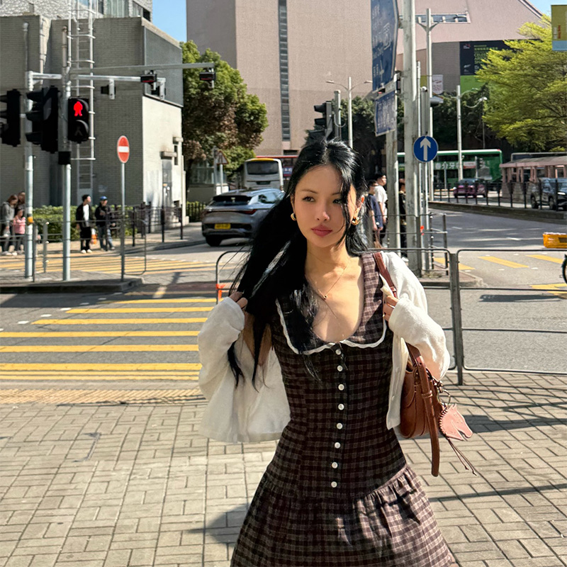 Nouvelle Robe Courte Vintage à Carreaux pour Femme, Manches Bouffantes, Col en Dentelle, Boutonnée, Jupe Trapèze, Style Doux, Tenue Quotidienne d'Été 2026