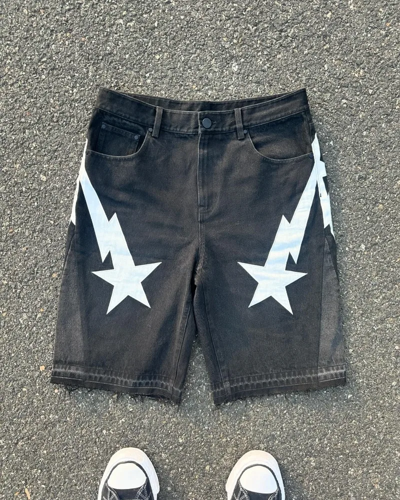 Jean à jambes larges pour hommes, tendance de la mode américaine, style de rue, baggy brodé Y2k, short décontracté Goth punk High street