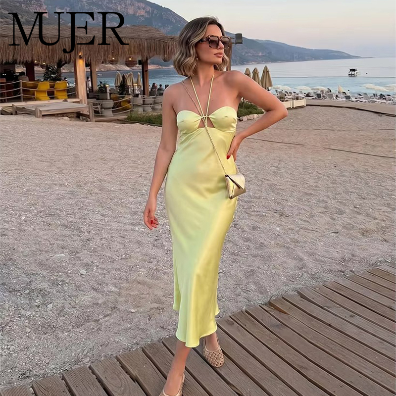 Robe longue en satin sexy pour femme, robe corset épaules dénudées, robe midi de soirée d'été pour femme, robe de plage à licou pour femme