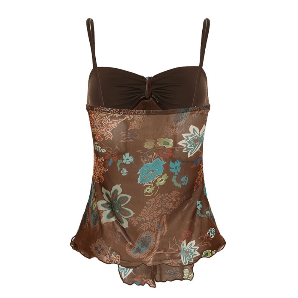 Top court plissé transparent à fleurs, à lacets, style doux et ajusté, sans manches, pour femme, printemps-été