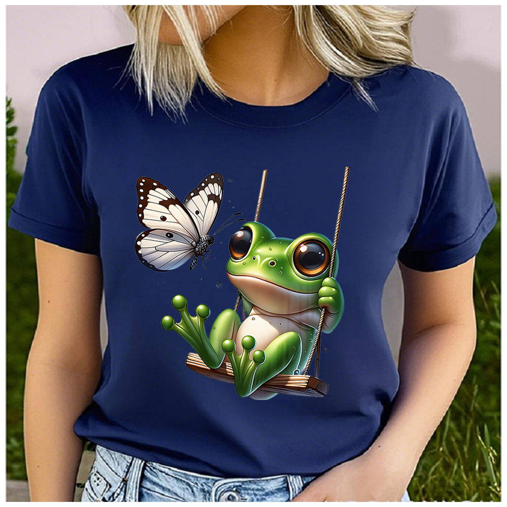T-shirt en coton 100% pour hommes et femmes, imprimé grenouille sur le balançoire, col rond ample, décontracté, manches courtes, haut à la mode, vêtements d'été