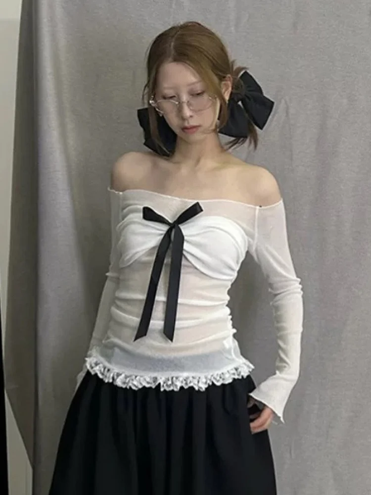Chemises décontractées à manches longues pour femmes, Streetwear en maille, Haut Y2K à manches tombantes, Noeud à lacets, Slash Neck, Vêtements sexy, Blanc, Mode