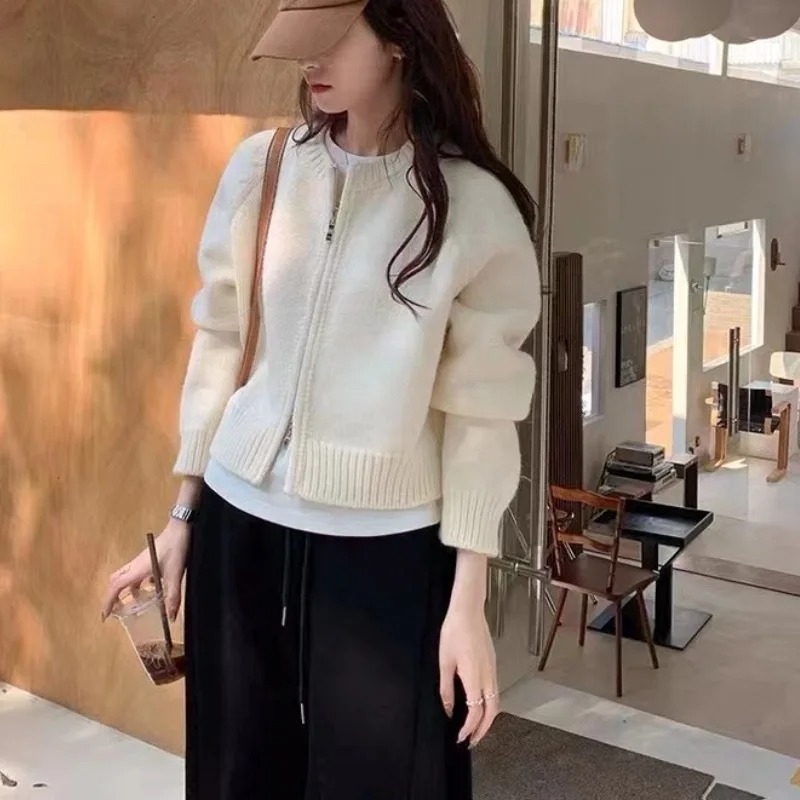 Femmes coréennes pull tricoté automne hiver Chic ample à manches longues Cardigan hauts Simple couleur unie pull veste