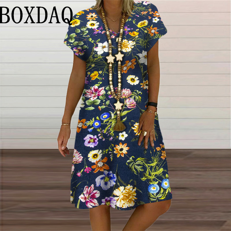 Robe à motif papillon 3D pour femmes, vêtements pour femmes, mode respirante, manches courtes, imprimé fleuri, robes décontractées à col en V, été, 2024