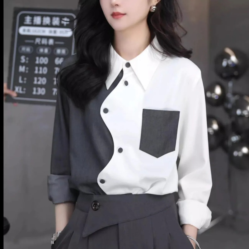Chemise d'épissure de couleur contrastée irrégulière pour femmes, nouveau Style de printemps, mode coréenne, Style étranger, tempérament polyvalent