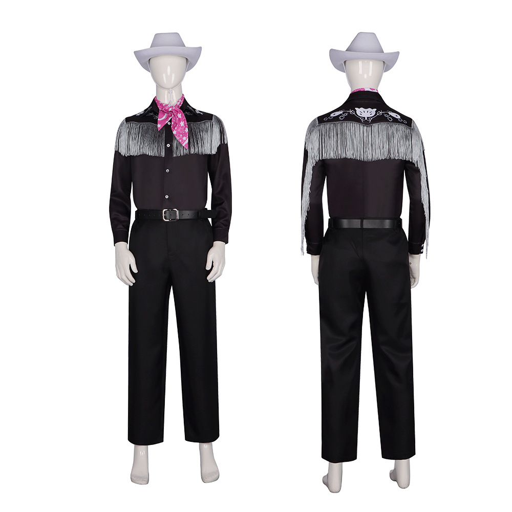 KEN Cosplay Costume avec chapeau Cowboy avec écharpe Western à manches longues frange chemise Halloween Cosplay pour hommes B
