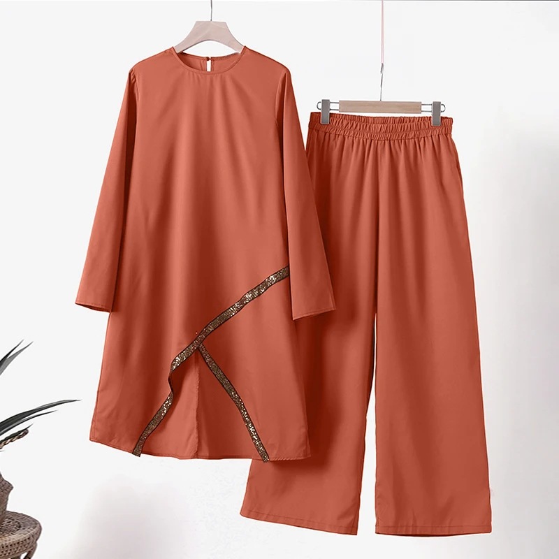 Ensemble musulman Eid pour femmes, chemisiers solides, pantalons à jambes larges, Ramadan marocain, deux pièces, Kaftan de dubaï, ample et modeste