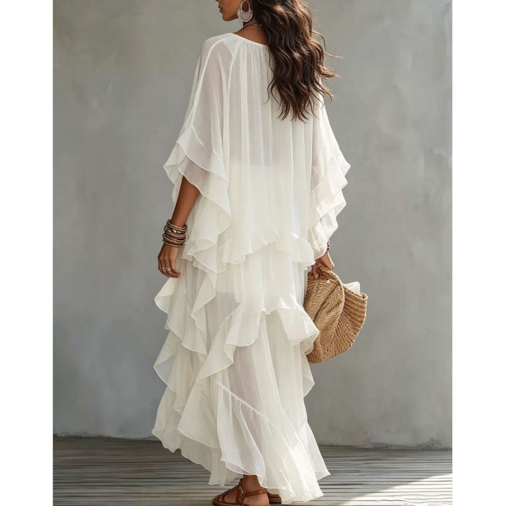 Robe longue d'été bohème en mousseline pour femme, col rond, manches chauve-souris, à volants superposés, ample et fluide, idéale comme robe de plage ou de vacances.