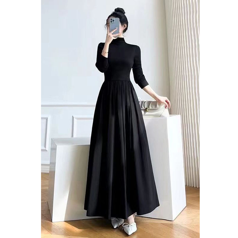 Robe longue noire pour femmes, style coréen, taille haute, col mi-haut, élégante, fête, manches longues, nouvelle collection automne hiver