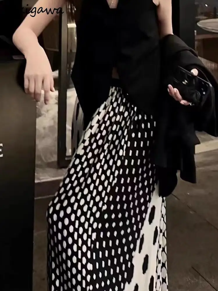 Jupes d'été pour femmes 2025 Faldas Mujer De Moda taille haute a-ligne Vintage à pois Jupe ample plissée Jupe coréenne longue Saia