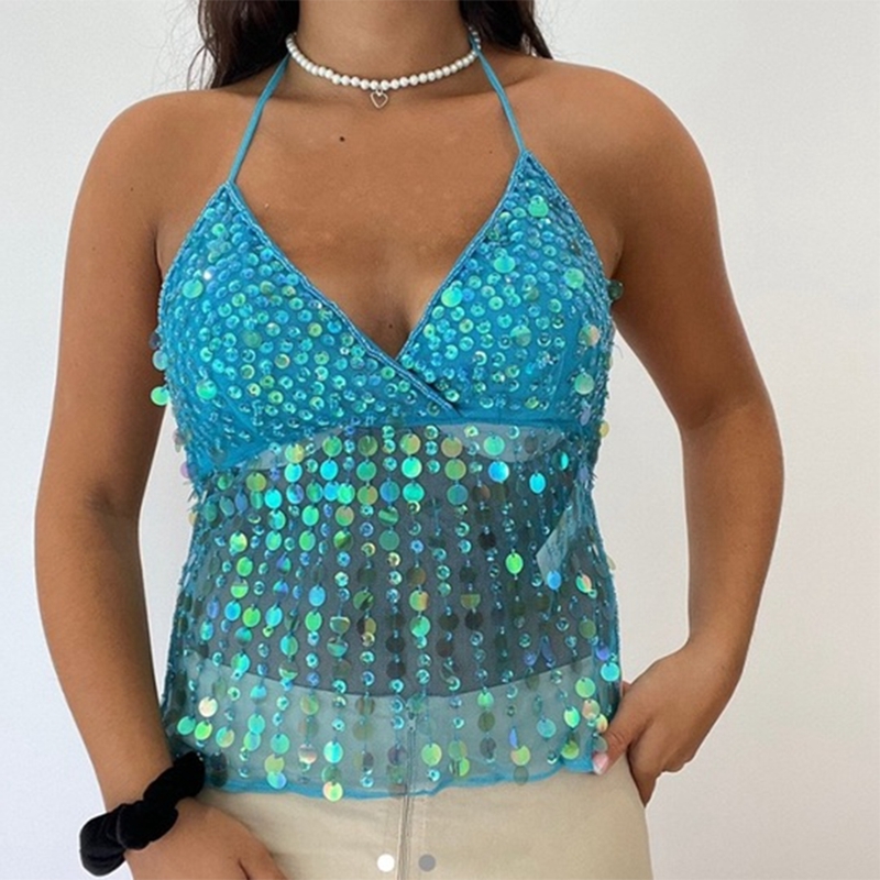 Haut court à paillettes pour femmes, col en V, dos nu, débardeur scintillant, Camisole Sexy, fête Rave, tenues des années 2000