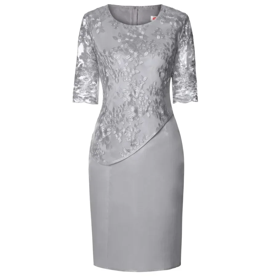 Robe Midi Grande Taille Femme 2026 5XL Élégante Col Rond Taille Haute Broderie Dentelle Manches 3/4 Robe de Soirée Vêtements Féminins