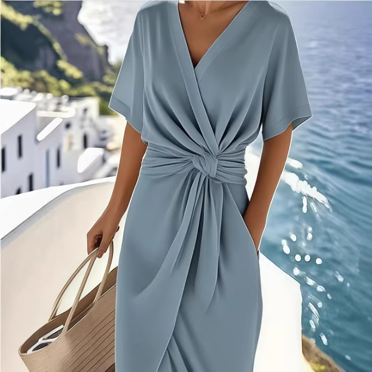 Robes pour femmes 2026 nouvelle mode couleur unie enroulée à lacets col en V fendue nouée mi-mollet vêtements pour femmes vestidos