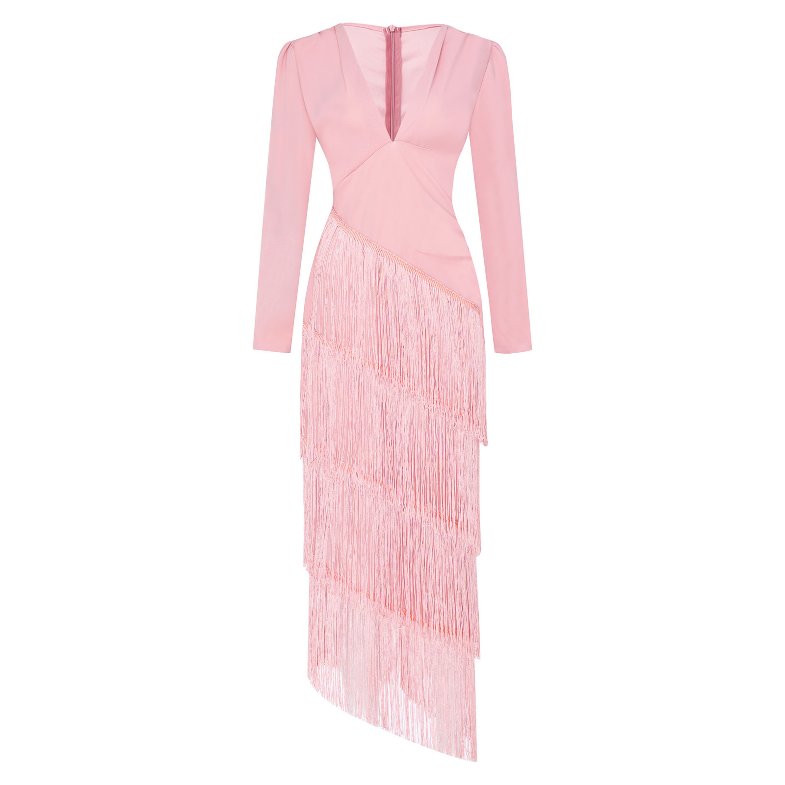 Robe moulante à franges et volants pour femme, col en V profond, manches longues, idéale pour soirée, demoiselle d'honneur ou cocktail