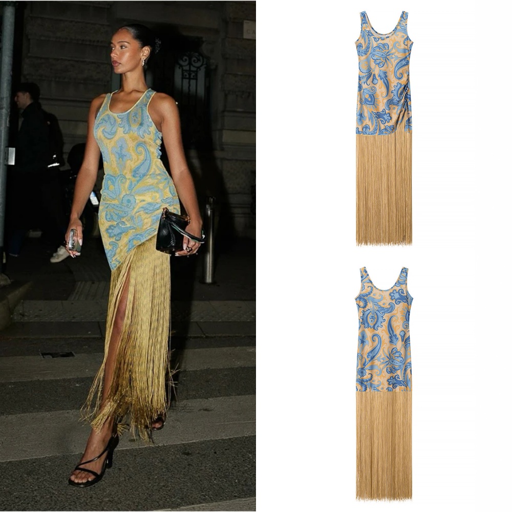 Mode imprimé glands mince robe longue femmes Vintage sans manches plissé robes de soirée dame été Chic fête robes