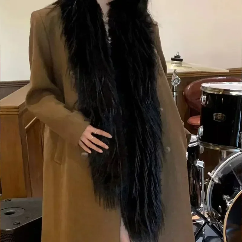 Écharpe à cheveux longs marron, châle en peluche de couleur unie, chaud et épais avec pompon, Imitation fourrure, chaîne pour femmes, cadeau du nouvel an, hiver
