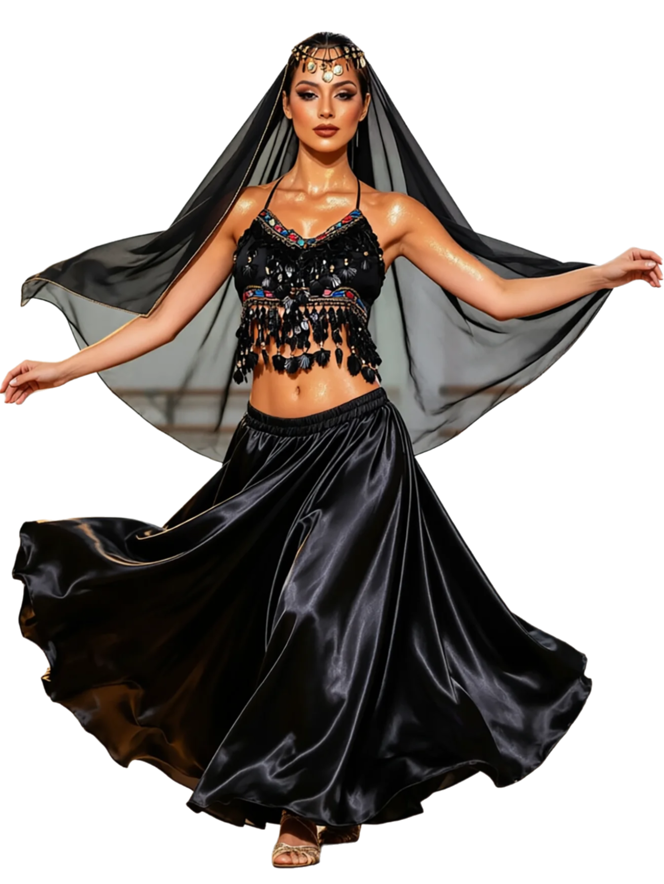 Ensemble de costumes de danse orientale pour femmes : haut court à franges perlées, jupe longue évasée en satin, voile de tête en mousseline – Idéal pour scène, style arabe et Bollywood