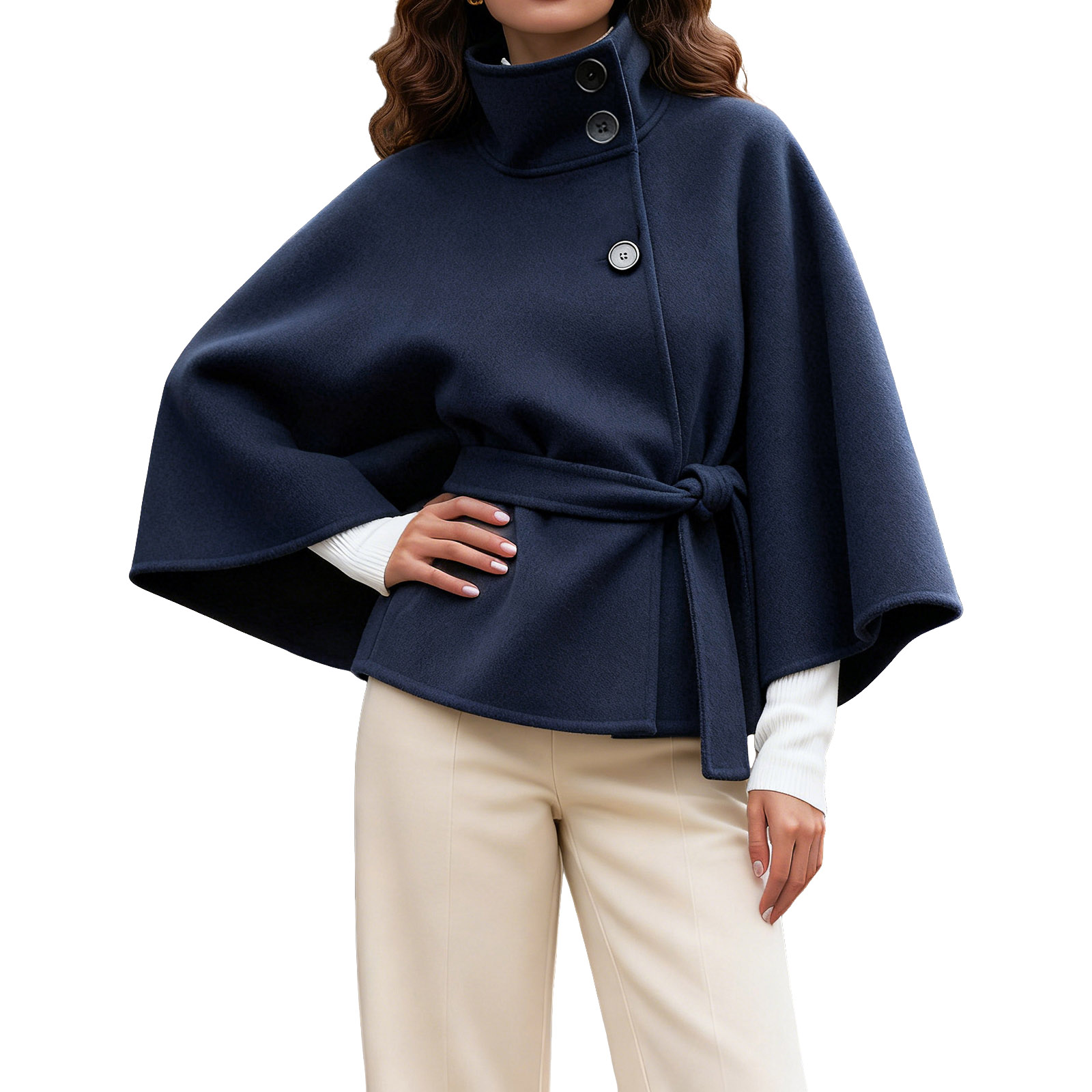 Manteaux Cape à lacets pour femmes, vestes à col haut avec ceinture, manteaux en fausse laine mélanges, automne hiver, manteau élégant, pardessus court, nouvelle collection 2026